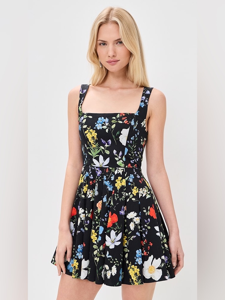 New Alice And Olivia Veda Pleated Stretch Mini Dress In Twisting Vines Black